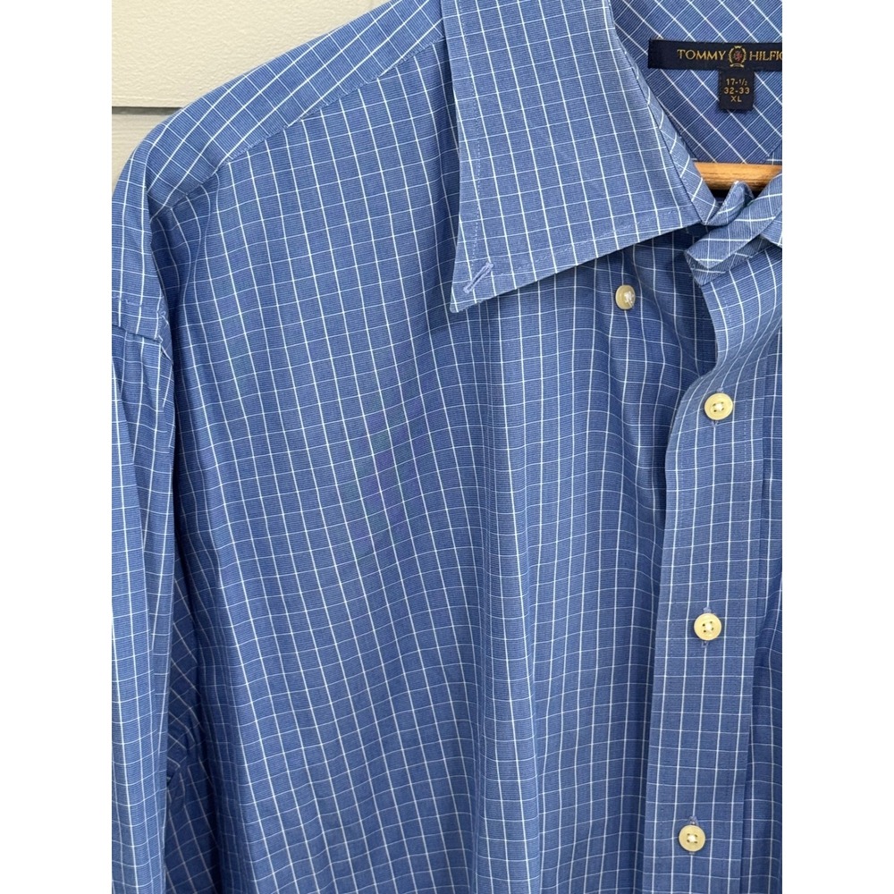 Tommy Hilfiger Mens Blue Windowpane Check Dress Shirt XL 17.5 32-33 TLC Collar - Picture 2 of 4
